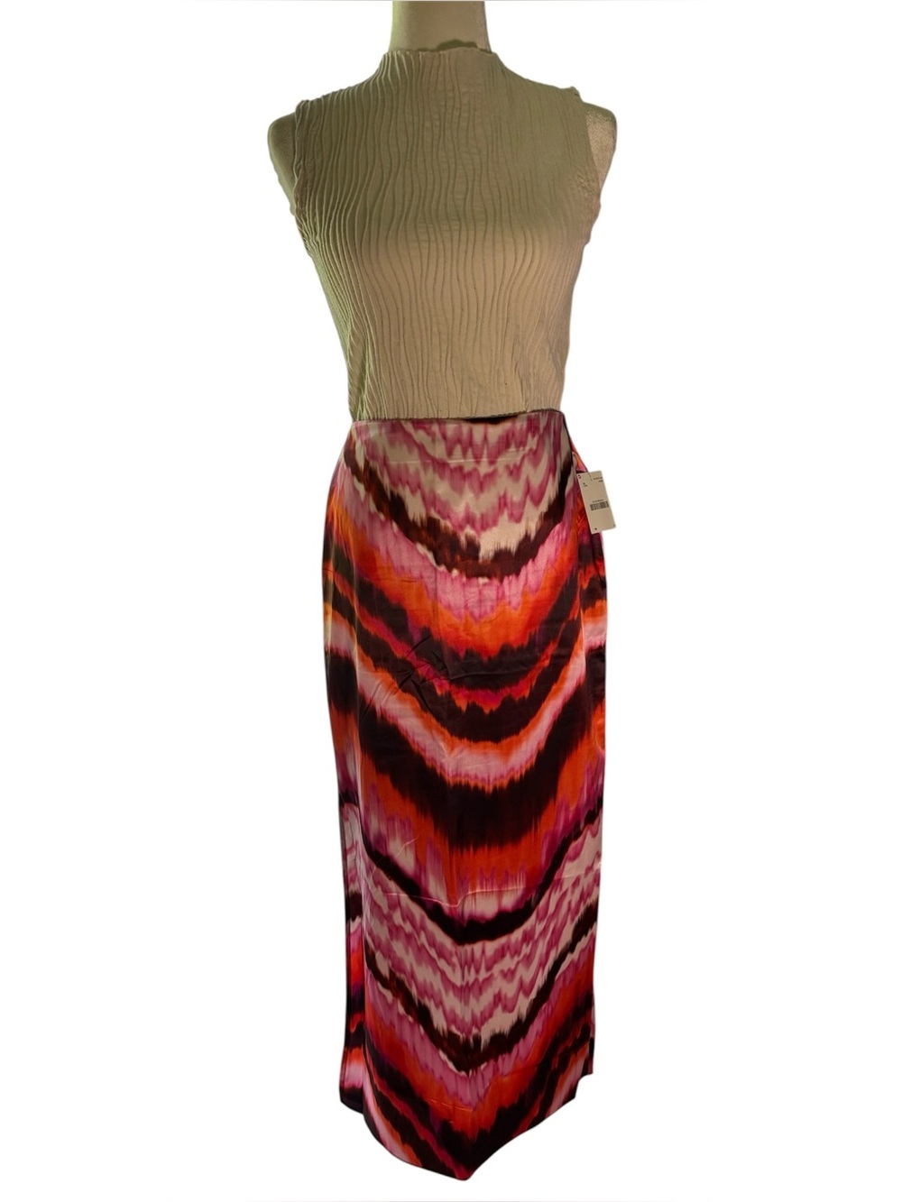 NWT Abstract Print Satin Maxi Skirt – Pink Orange & Black Statement Skirt